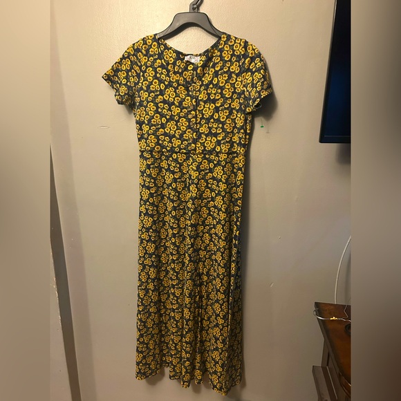 Vintage Dresses & Skirts - Vintage 90’s sunflower print maxi dress - navy/yellow button front short sleeve